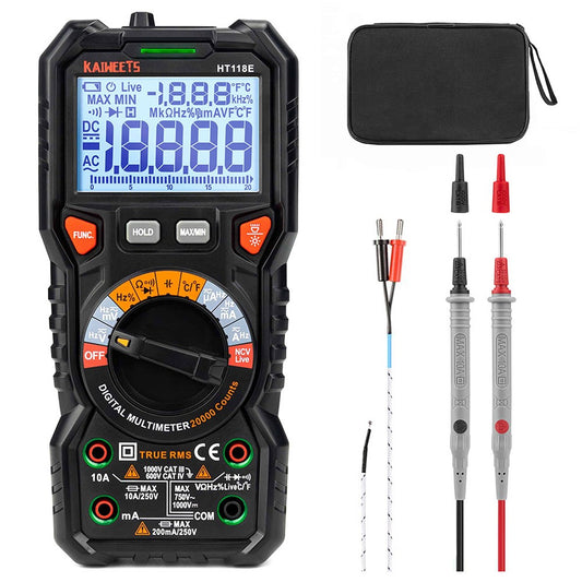 KAIWEETS HT118E Digital AC/DC Multimeter, TRMS 20000 Counts, 2.7 Inch Display, LED Lightning Jacks, Auto-Ranging - Black