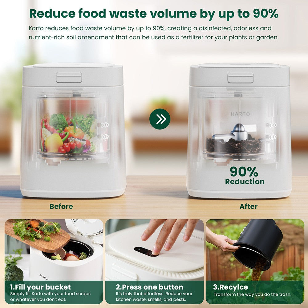 Karfo UF006-EC Electric Waste Kitchen Composter, 2.5L Capacity, Odorless/Auto-Cleaning/ 3 Modes/Low Noise, Turn Food Waste into Fertilizer for Indoor Plants, Outdoor Garden, White