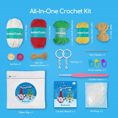 NestledCrafts Christmas Crochet Kit for Beginners, Amigurumi Knitting Kit, with Step-by-Step Video Tutorials - SantySnow