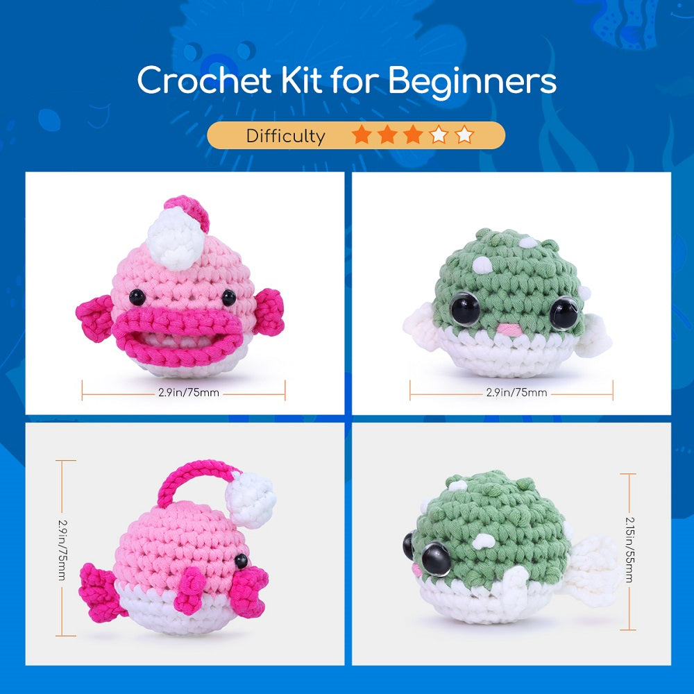 NestledCrafts Crochet Kit for Beginners, Amigurumi Animal Kit, with Step-by-Step Video Tutorials - Anglerpuff