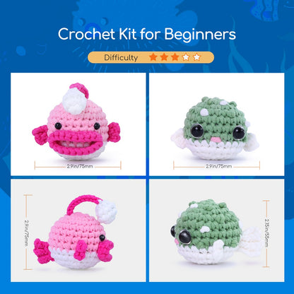 NestledCrafts Crochet Kit for Beginners, Amigurumi Animal Kit, with Step-by-Step Video Tutorials - Anglerpuff