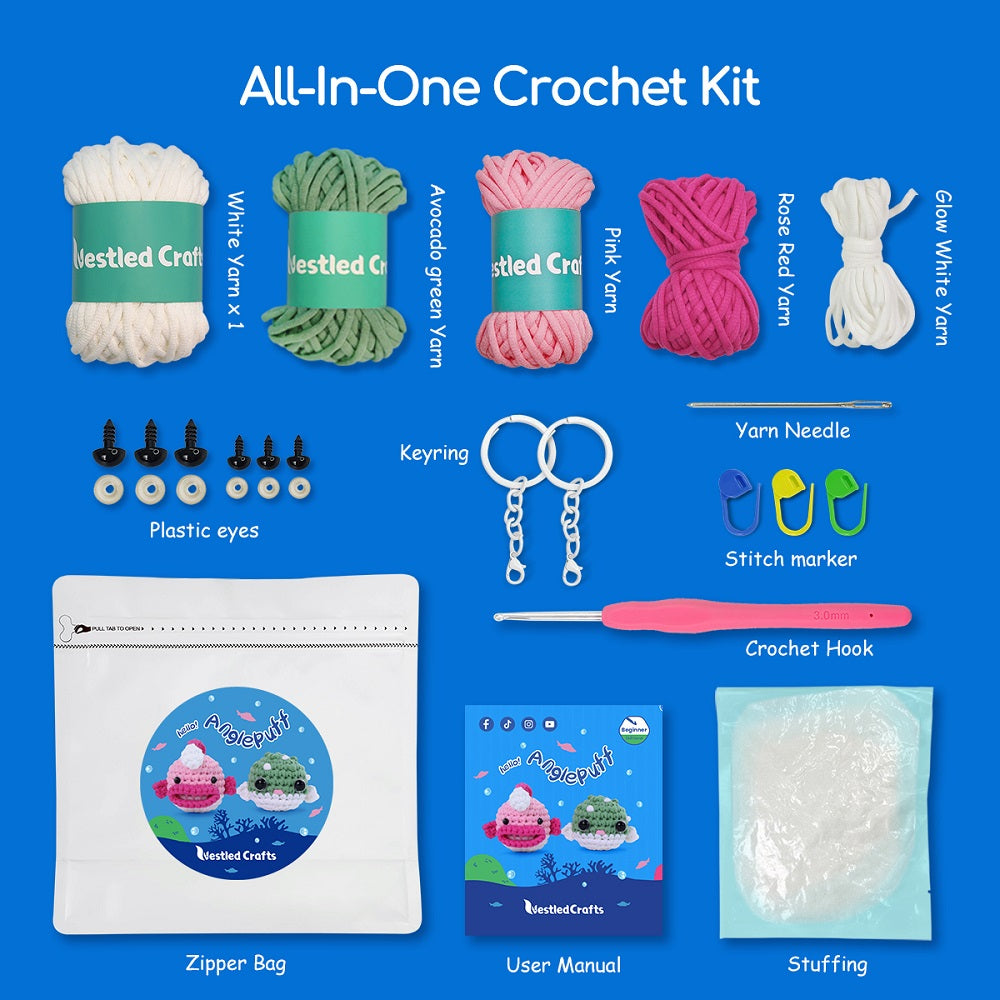 NestledCrafts Crochet Kit for Beginners, Amigurumi Animal Kit, with Step-by-Step Video Tutorials - Anglerpuff