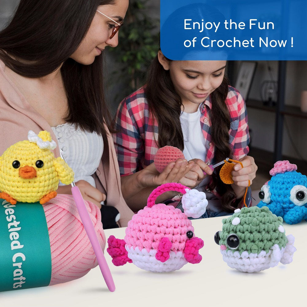 NestledCrafts Crochet Kit for Beginners, Amigurumi Animal Kit, with Step-by-Step Video Tutorials - Anglerpuff