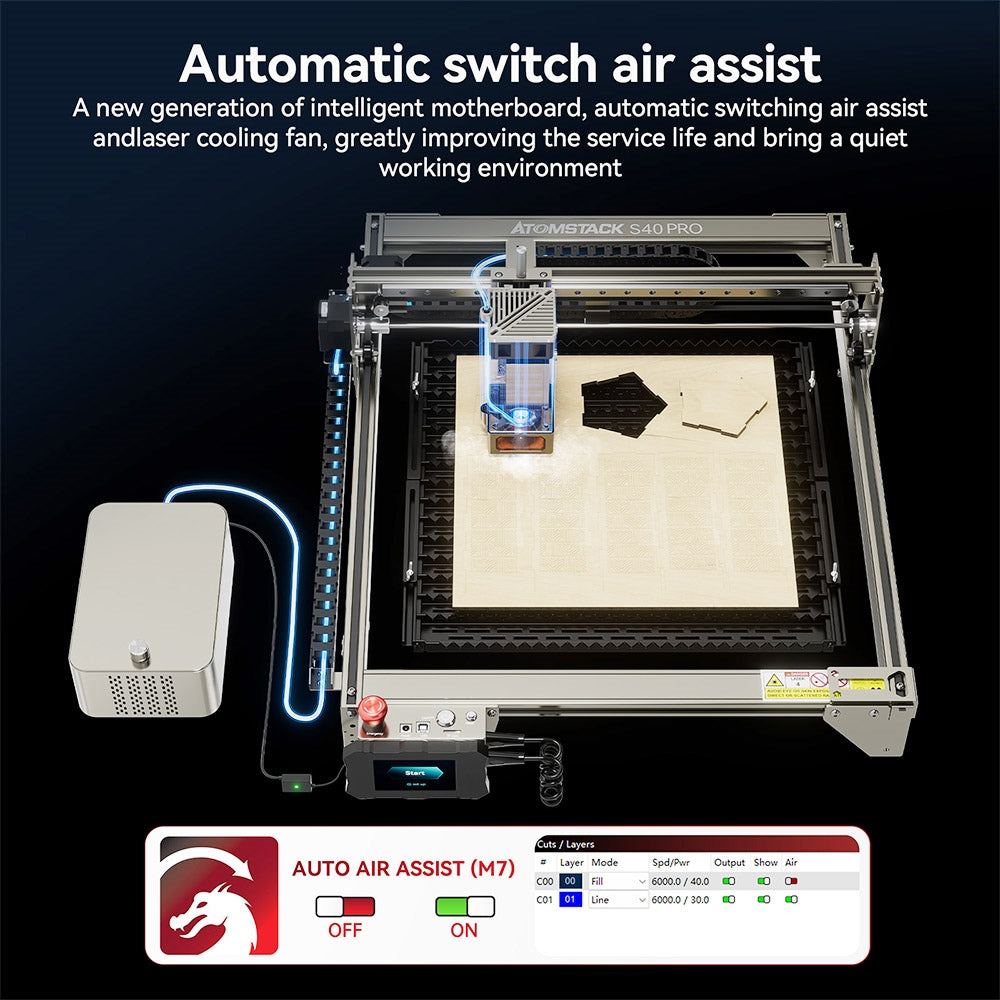 ATOMSTACK S40 Pro Laser Engraver Cutter with F30 Pro Air Assist Kit, 48W Laser Power, Fixed Focus, 0.01mm Engraving Accuracy, 24W/48W Dual Modes, App Control, 400*400mm