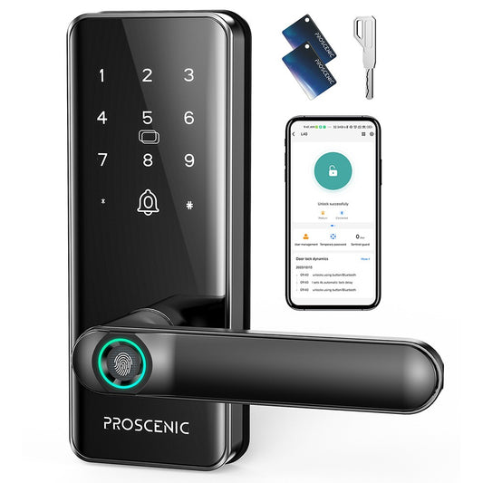 Proscenic L40 Smart Lock, Keyless Entry Door Lock with Handle, Keypads, Fingerprint, Smart App &amp; Voice Control, Anti-Peep, Log Record