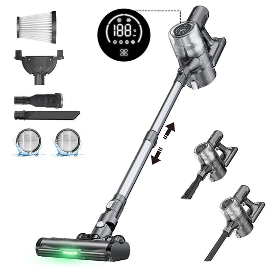 Proscenic P13 Cordless Vacuum Cleaner, 35Kpa Suction, Stick Vacuum with Green Light, LED Display, Max 45mins Runtime, 1.2L Dustbin, Anti-tangle Roller Brush, 5-layer Filtration System, for Pet Hair, Hard Floor &amp; Carpet, Gray