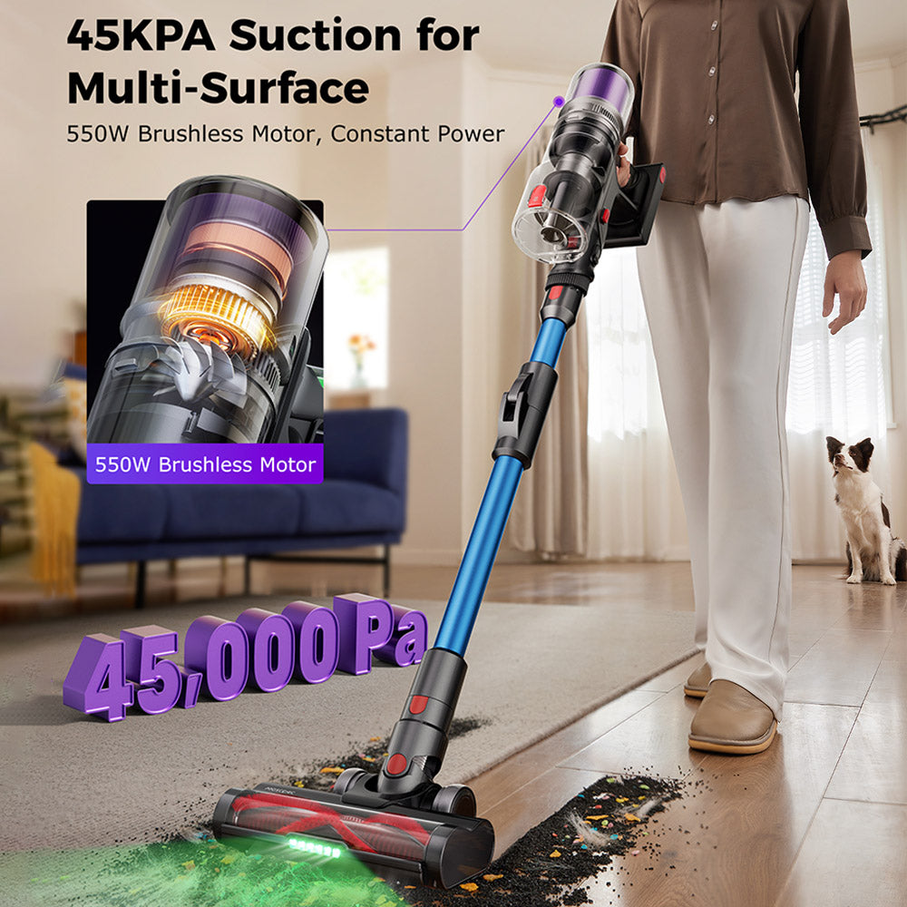 Proscenic P16 Flexible Battery Vacuum Cleaner, 550 W/45 Kpa, 55 Mins Vacuum Cleaner, Wireless with Touchscreen Folding Tube, Green Light, Wall-Mounted Charging Station, Anti-Tangle for Carpet, Hard