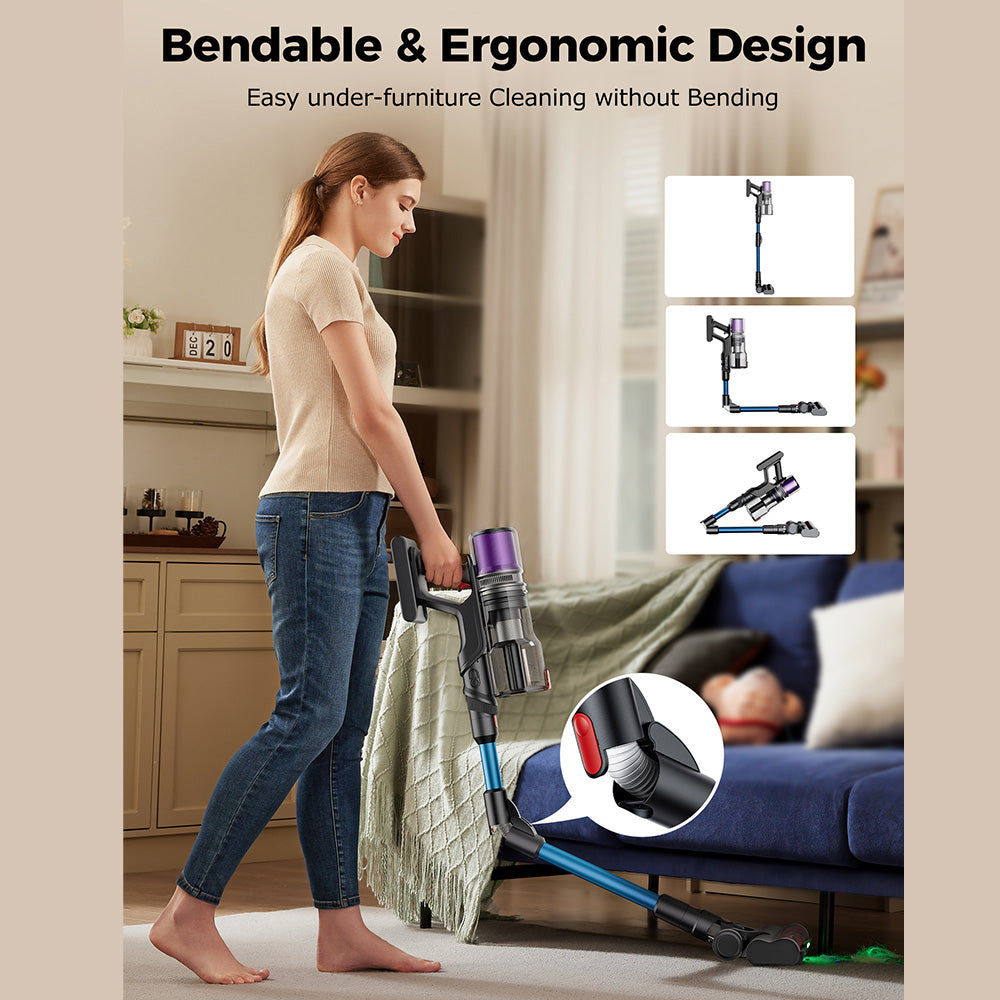 Proscenic P16 Flexible Battery Vacuum Cleaner, 550 W/45 Kpa, 55 Mins Vacuum Cleaner, Wireless with Touchscreen Folding Tube, Green Light, Wall-Mounted Charging Station, Anti-Tangle for Carpet, Hard