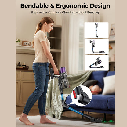 Proscenic P16 Flexible Battery Vacuum Cleaner, 550 W/45 Kpa, 55 Mins Vacuum Cleaner, Wireless with Touchscreen Folding Tube, Green Light, Wall-Mounted Charging Station, Anti-Tangle for Carpet, Hard