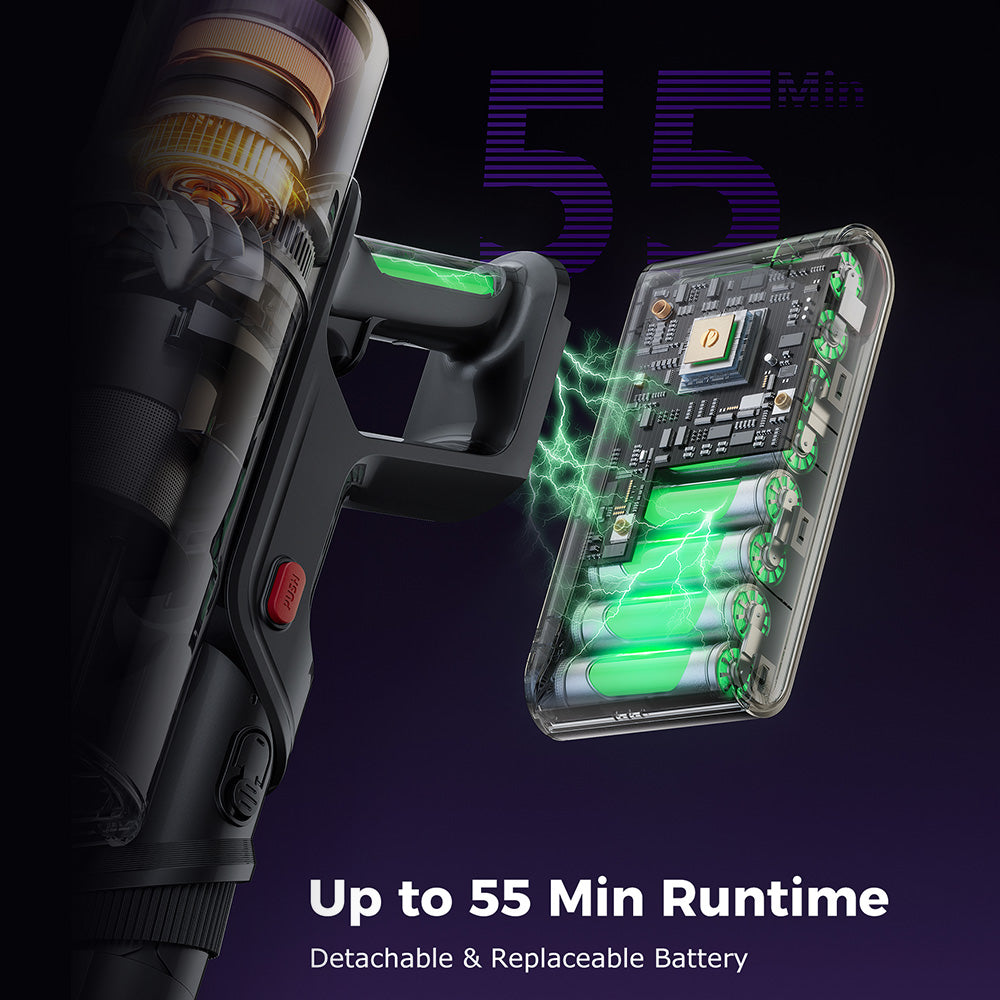 Proscenic P16 Flexible Battery Vacuum Cleaner, 550 W/45 Kpa, 55 Mins Vacuum Cleaner, Wireless with Touchscreen Folding Tube, Green Light, Wall-Mounted Charging Station, Anti-Tangle for Carpet, Hard