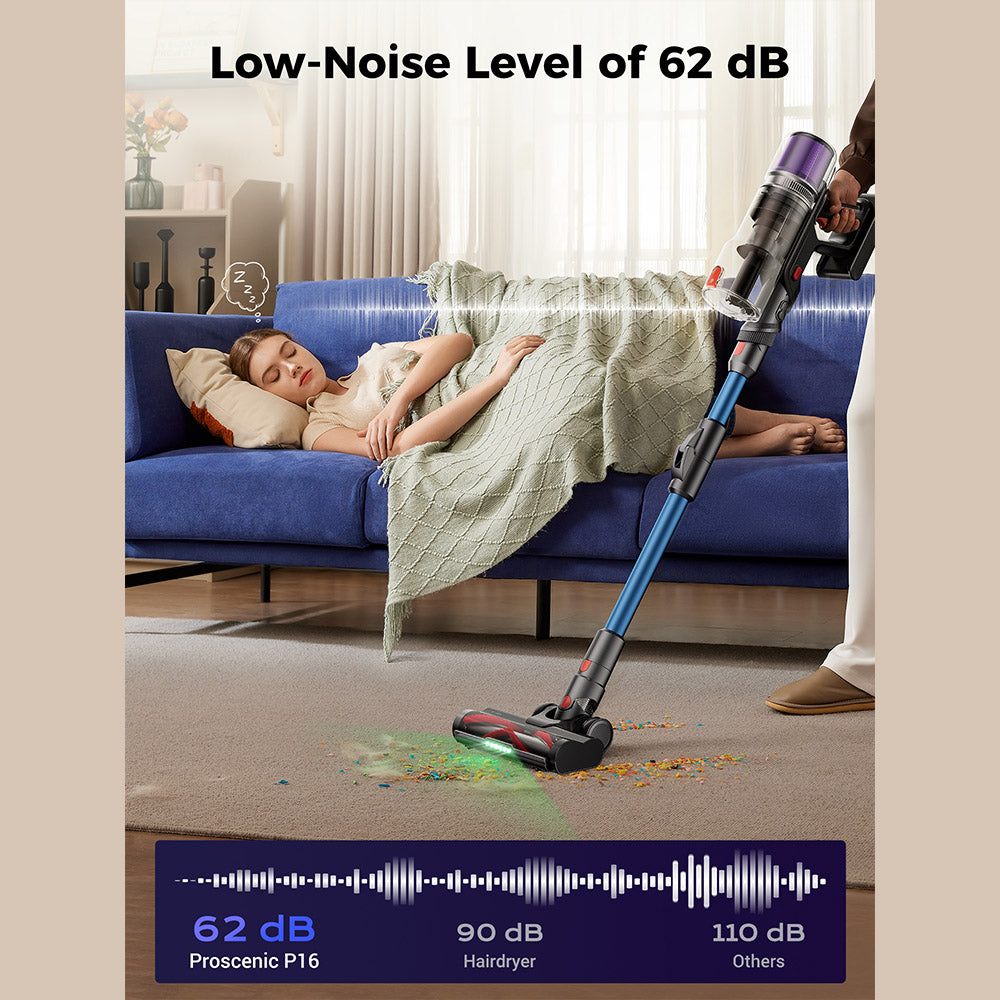 Proscenic P16 Flexible Battery Vacuum Cleaner, 550 W/45 Kpa, 55 Mins Vacuum Cleaner, Wireless with Touchscreen Folding Tube, Green Light, Wall-Mounted Charging Station, Anti-Tangle for Carpet, Hard