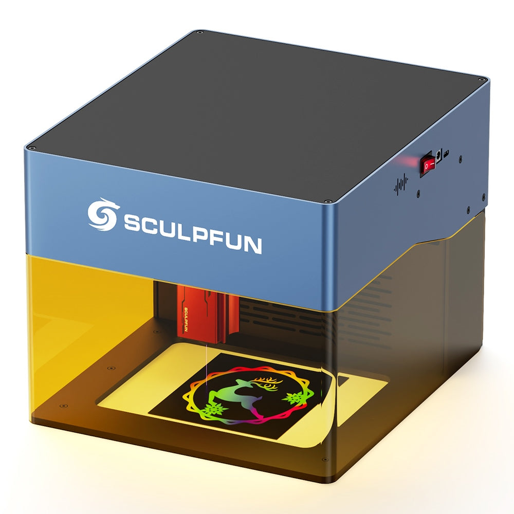 SCULPFUN iCube Pro 5W Laser Engraver, 0.06mm Laser Spot, 10000mm/min Engraving Speed, 32-bit Motherboard, Replaceable Lens, Smoke Filter, Temperature Alarm, App Connection, 130x130mm
