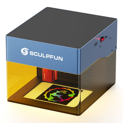 SCULPFUN iCube Pro 5W Laser Engraver, 0.06mm Laser Spot, 10000mm/min Engraving Speed, 32-bit Motherboard, Replaceable Lens, Smoke Filter, Temperature Alarm, App Connection, 130x130mm