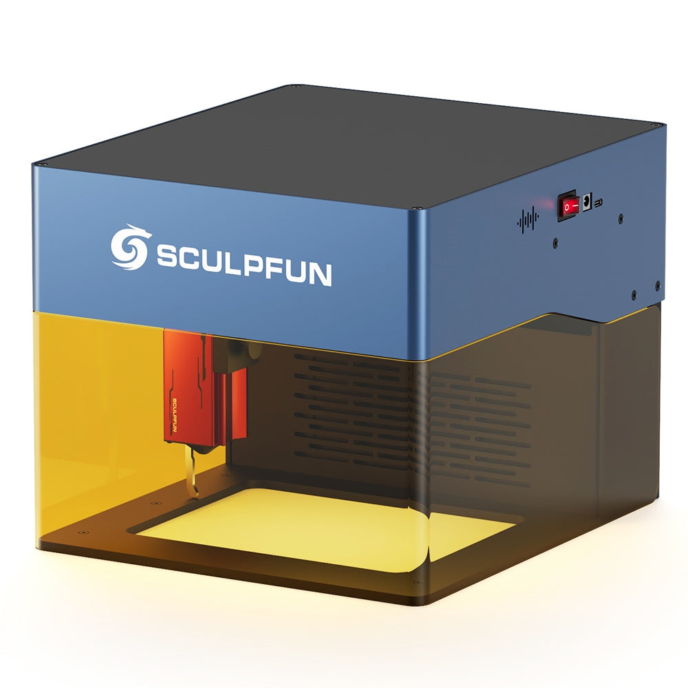 SCULPFUN iCube Pro 5W Laser Engraver, 0.06mm Laser Spot, 10000mm/min Engraving Speed, 32-bit Motherboard, Replaceable Lens, Smoke Filter, Temperature Alarm, App Connection, 130x130mm