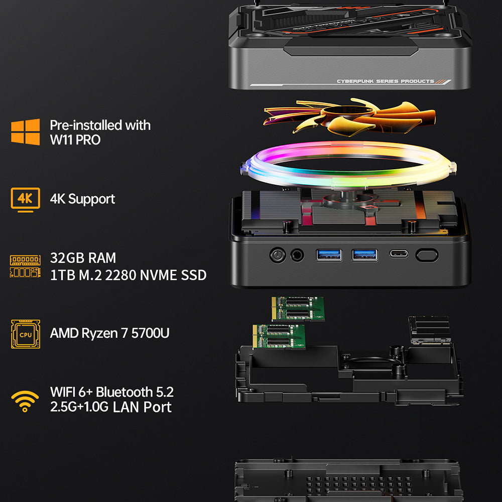 AOOSTAR GOD57 Mini PC, AMD Ryzen 7 5700U 8 Cores Up to 4.3GHz, 32GB RAM 1TB SSD, WiFi 6 Bluetooth 5.2, HDMI/DP/Type-C 4K@60Hz Triple Display, 2*USB 3.2 2*USB 2.0, 1*1000M RJ45 1*2.5G RJ45, 1*3.5mm Headphone Jack, RGB Light, 65W Charging - EU Plug