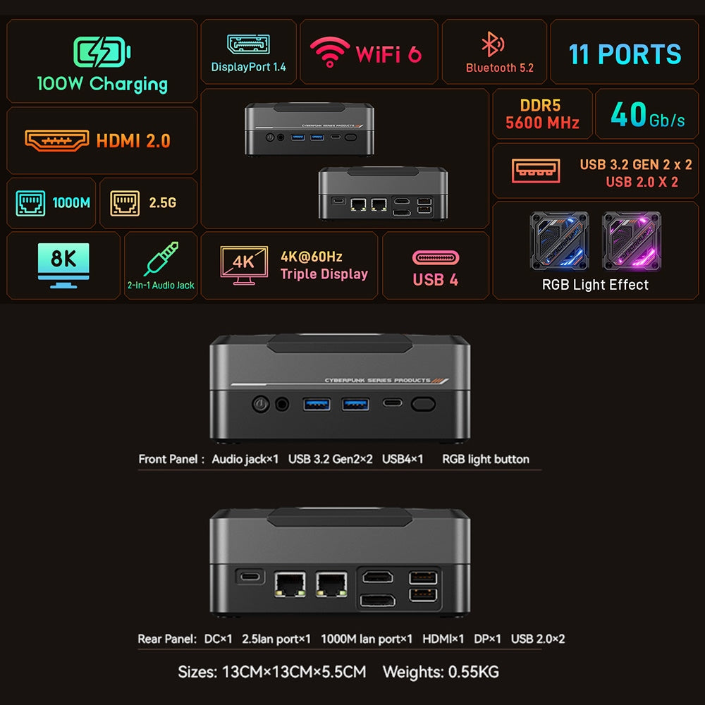 AOOSTAR MN78 Gaming Mini PC with RGB Light, AMD Ryzen 7 7840HS Octa-Core 16 Threads Up to 5.1GHz, 16GB DDR5 RAM 512GB M.2 SSD, Windows 11, WiFi6 Bluetooth5.2, HDMI USB4 DP 4K@60Hz Triple Display, USB4*1 USB3.2*2 USB2.0*2 HDMI*1 LAN*2 - Black, EU
