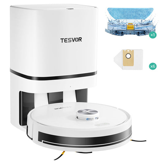 Tesvor S7 Pro AES Robot Vacuum Cleaner with Automatic Empty Station, Mopping Function, 6000Pa Suction, Laser Navigation, 600ml Dustbin, 2.8L Dust Bag, 180Mins Runtime, App Control / Remote Control - White