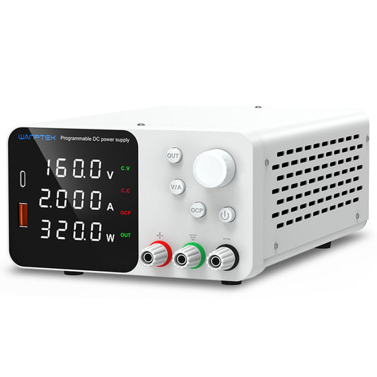 WANPTEK TPS1602 Adjustable Regulated DC Power Supply, 160V 2A, Encoder Adjustment, USB Type-C Fast Charging, 4-Digit Display, Low Noise, A/V Switching, Cooling Fan White - UK Plug