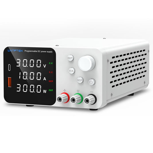 WANPTEK TPS3010 Adjustable Regulated DC Power Supply, 30V 10A, Encoder Adjustment, USB Type-C Fast Charge, 4-Digit Display, Low Noise, A/V Switching, Cooling Fan White - UK Plug