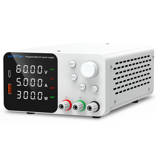 WANPTEK TPS605 Adjustable Regulated DC Power Supply, 60V 5A, Encoder Adjustment, USB Type-C Fast Charging, 4-Digit Display, Low Noise, A/V Switching, Cooling Fan White - EU Plug