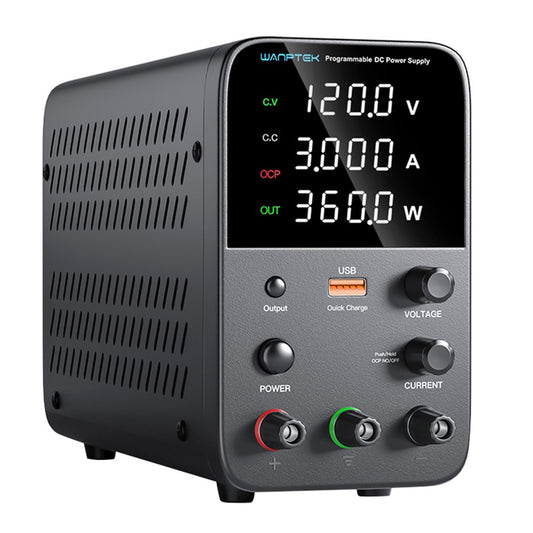 WANPTEK WPS1203 Programmable Regulated DC Power Supply, 120V 3A, Encoder Adjustment, USB Fast Charge, Intelligent Temperature Control, 4-Digit Display, Low Ripple, Low Noise Black - EU Plug