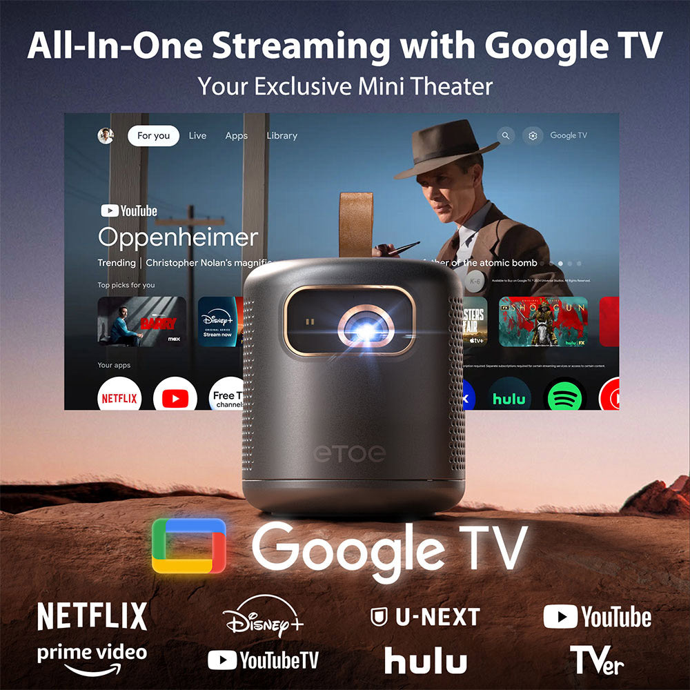 [Google TV Certified] ETOE Dolphin DLP Projector, 500 ANSI Lumens, Native 1080P, 4K UHD Video Decoding, Auto Focus &amp; Keystone, Dual-Band Wi-Fi, Netflix / YouTube / Prime Video Preinstalled