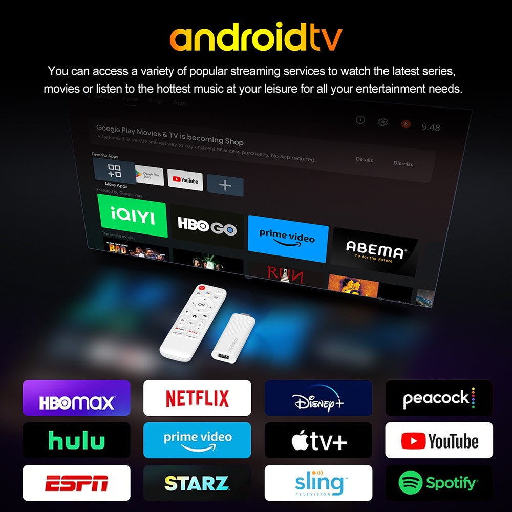 H96 Max H313 Android 14 TV Stick, 2GB RAM 16GB ROM, ARM Cortex A53 Quad Core, 4K UHD, WiFi 6, Built-in Chromecast, Google Play Games, 1*HDMI, 1*USB 2.0