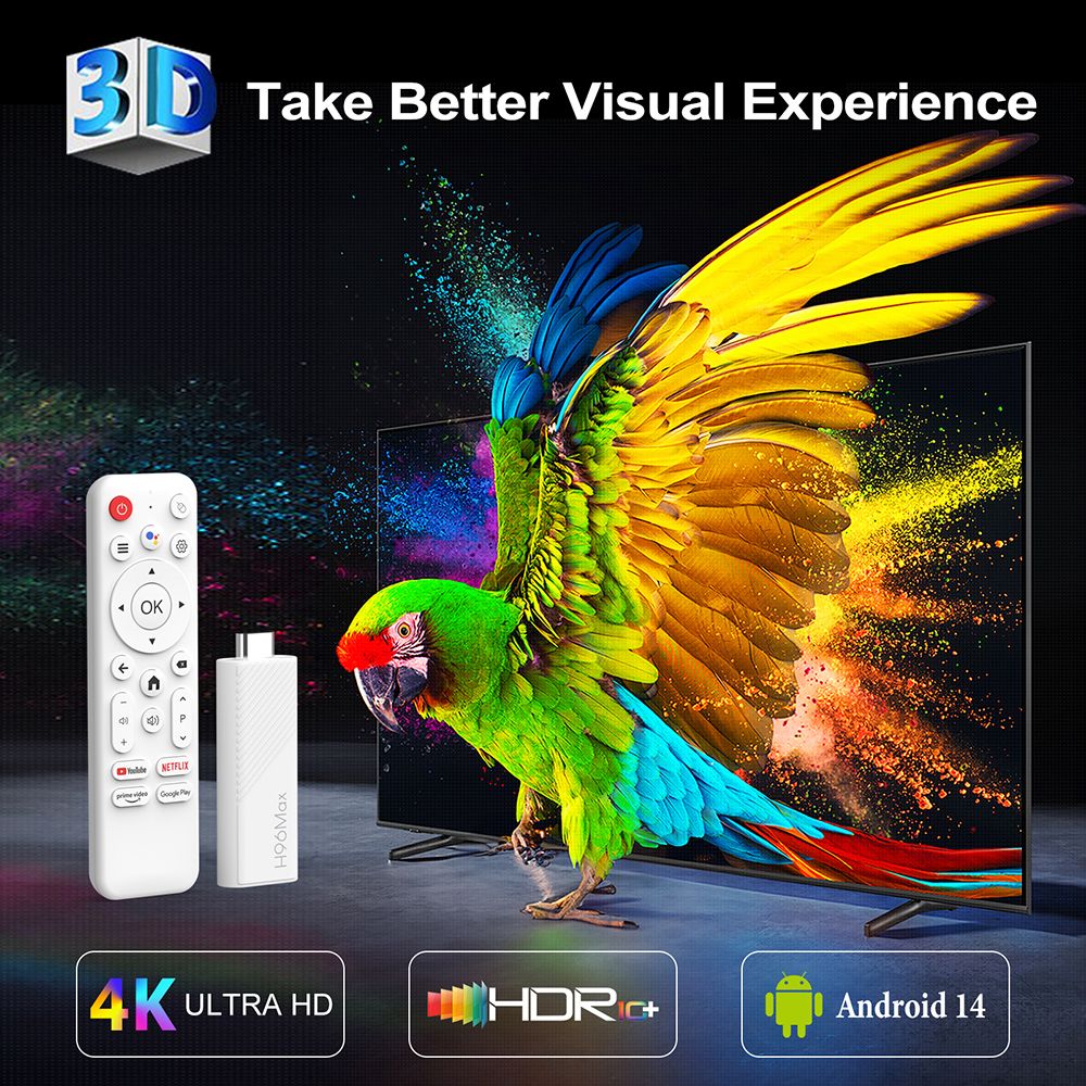 H96 Max H313 Android 14 TV Stick, 2GB RAM 16GB ROM, ARM Cortex A53 Quad Core, 4K UHD, WiFi 6, Built-in Chromecast, Google Play Games, 1*HDMI, 1*USB 2.0