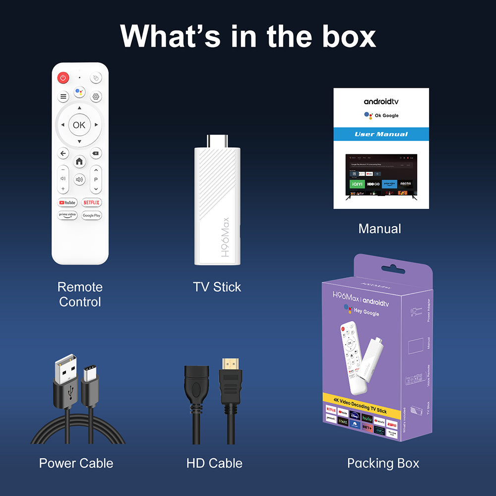 H96 Max H313 Android 14 TV Stick, 2GB RAM 16GB ROM, ARM Cortex A53 Quad Core, 4K UHD, WiFi 6, Built-in Chromecast, Google Play Games, 1*HDMI, 1*USB 2.0